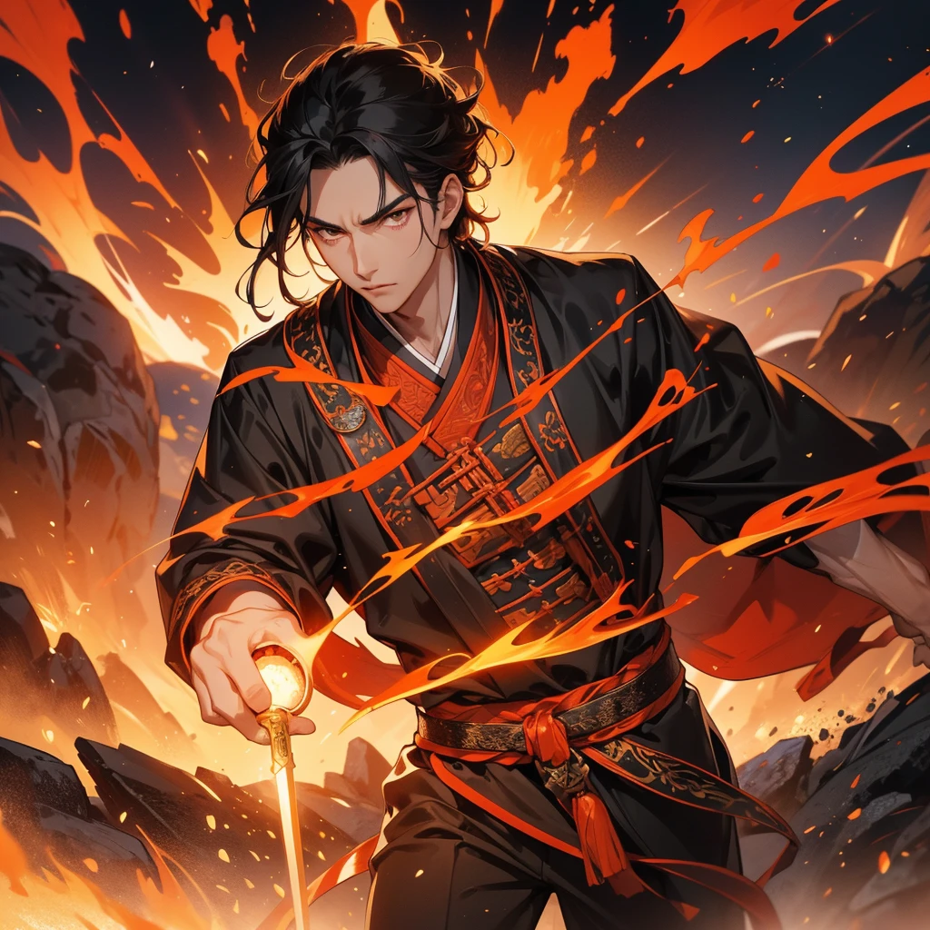 Handsome black-haired male general holding a large sword in black ancient Chinese costume, Surrounded by a volcano erupting, red and orange, surrounded by volcanic rocks, sunset, close up.