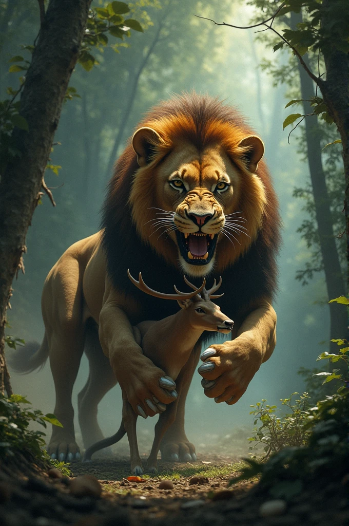 Prompt: "A lion catching the deer in the forest, with the deer looking defeated