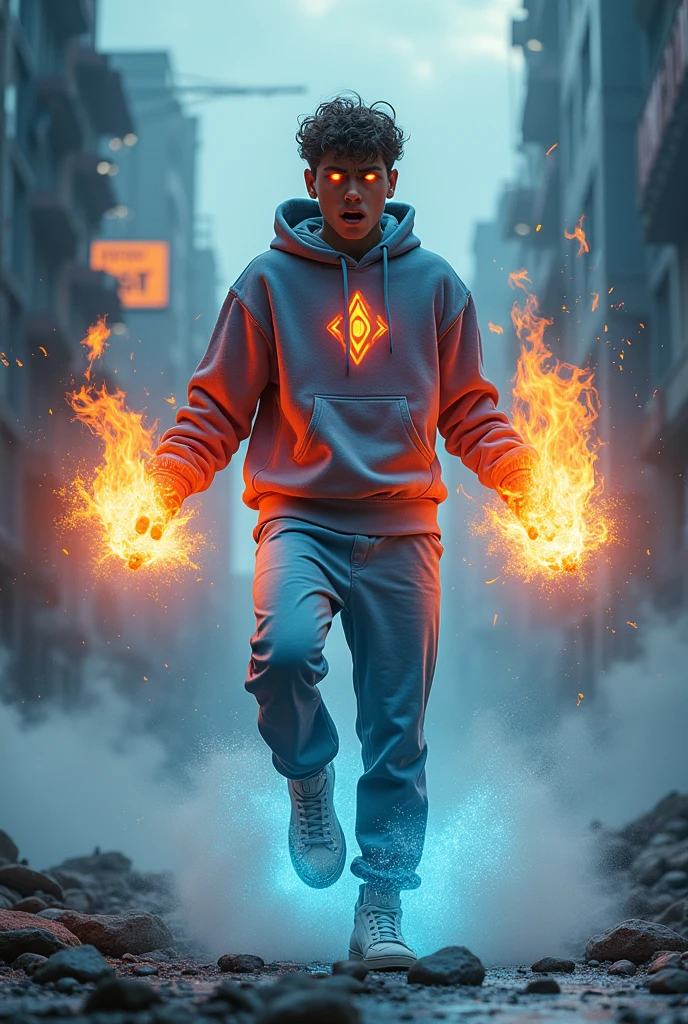 a man real teenage age . 19 Malaysia Indonesia.(orange eyes) Glowing eyes red blue . Anger face. Open mouth. . wearing an (ruby red and light blue white ) sweater latex, ( red and light blue white ) cap with small logo (flame and frost) logo. anger face . Dramatic.r(ruby red and light blue white)pant,, detailed face, cinematic lighting, dramatic atmosphere,.hot day. vibrant colors, 8k, high quality, photorealistic. Hero suit. Frosting ice fire flame from his hand. Glowing fireblast ember element from hand,snow and ember everywhere . Glowing hand fire blue red fire , flame and ice patern logo design . Very strong. Future design dress. Very epic. Very hot and cool background.. dark sky. Very strong. Flying on the sky . fire very strong . Flying burn dry frosting leave everywhere.. fire ball sharp shape power from hand .rasengan . At city. Damage building. Floating small rock everywhere.