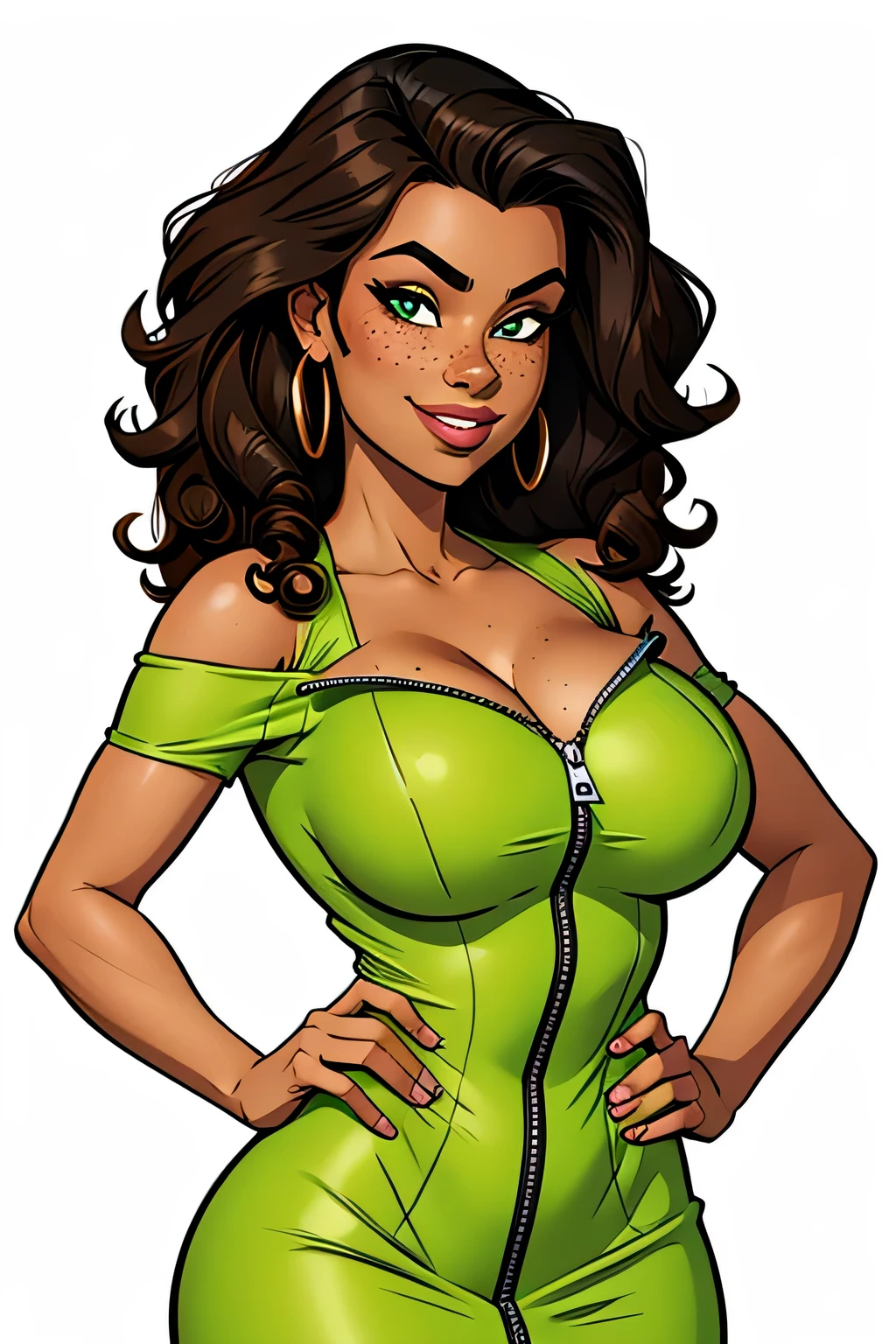 Thin woman, age 25, 4K (High definition), beautiful smiling, seducing gaze, eyes browns, wearing a fluorescent green dress (com zipper lateral) and short sleeves, arms crossed with hands on hips, brown skin, Bblack hair (curly to the shoulders), standing (upper body), full of curves with freckles on her chest and neck, round breasts. High-quality Marvel style, white background.