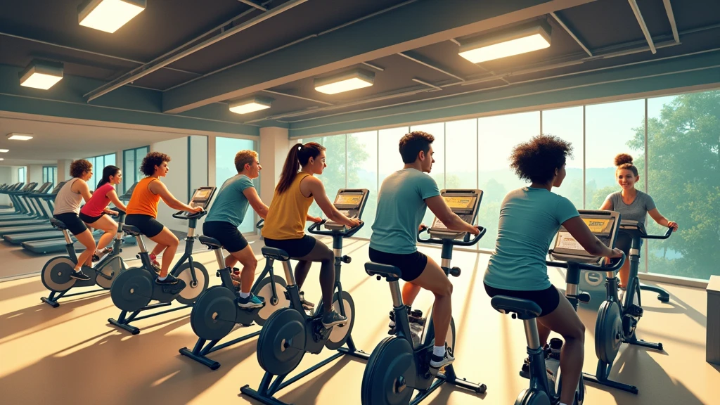 Pictures inspired by Naohisa Inoue,there are many people on exercise bikes in a 健身房,background a gym, hedonic treadmill, healthy, Plenty of light, Natural soft lighting,