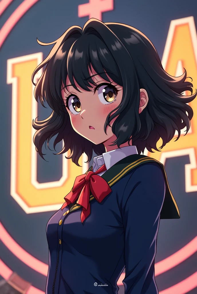 Girl with medium curly hair and long bangs and wearing a U uniform.A from my hero academia with medium brown skin not so much and with makeup and the U in the background.A de my hero academia 

