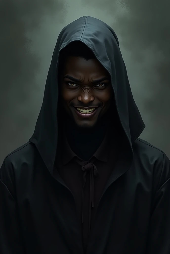 


exu black cover, a young man with a hood and black cape, Grinning, with frowning cheeks, and deep eyes 