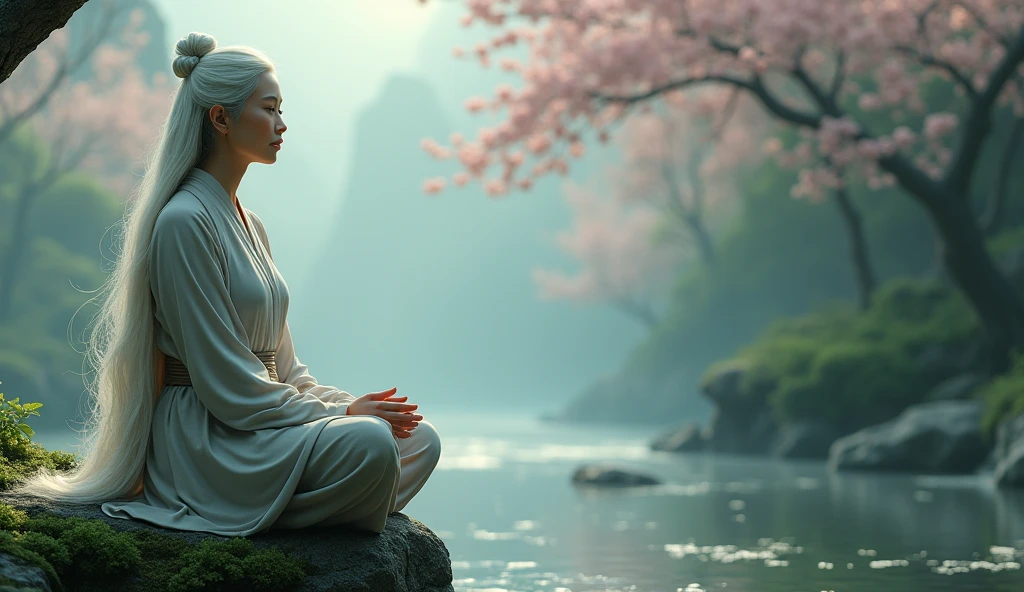 (wide angle shot) , A beautiful middle-aged woman in Asian Taoism, calm face, sitting on a nearby stone, with long white hair, sitting cross-legged, hands up on both knees. Taoism, wearing a gray robe, miraculous aura, Taoist master, lush landscape, dark green, plum blossom forest, fog, river.