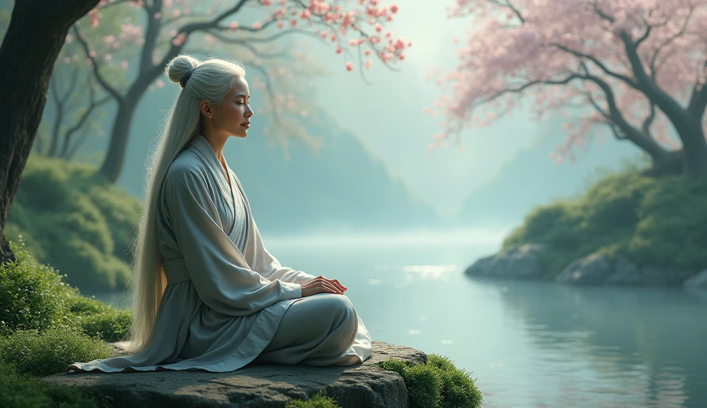 (wide angle shot) , A beautiful middle-aged woman in Asian Taoism, calm face, sitting on a nearby stone, with long white hair, sitting cross-legged, hands up on both knees. Taoism, wearing a gray robe, miraculous aura, Taoist master, lush landscape, dark green, plum blossom forest, fog, river.