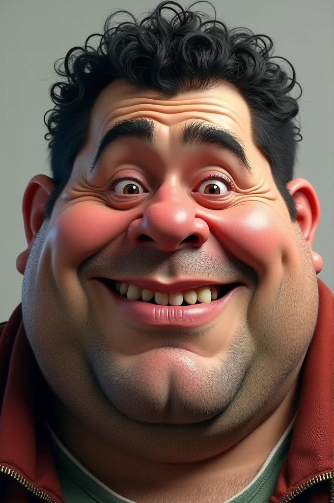 fat white man with black hair wide nose with thin lips and teeth big marked eyebrow and curly hair