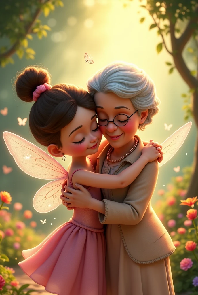 A  dressed as a fairy in a pink dress hugging her Disney-style grandmother 