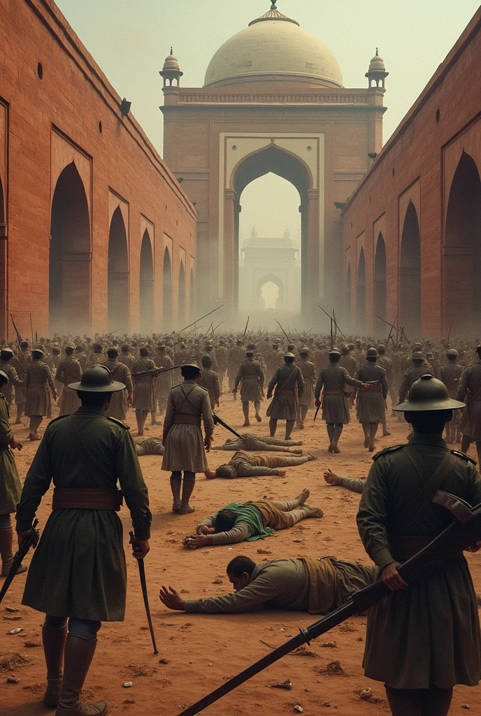 Jallianwala Bagh Massacre (1919):** A haunting scene depicting the tragic massacre with British soldiers firing on unarmed Indian civilians in a crowded park, with panic and desperation in the atmosphere