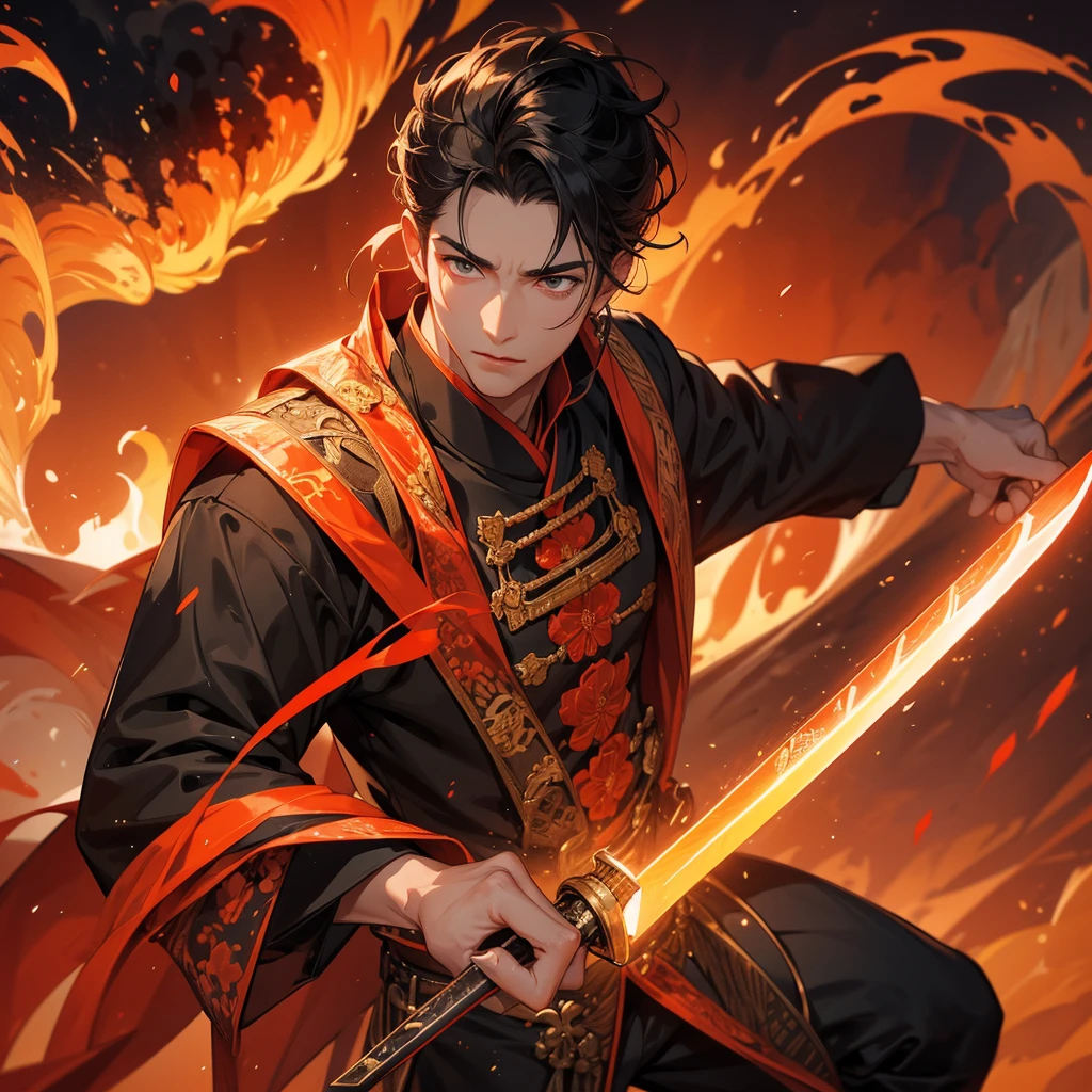 Handsome black-haired male general holding a large sword in ancient Chinese costume, Surrounded by a volcano erupting, red and orange, surrounded by volcanic rocks, sunset, close up.