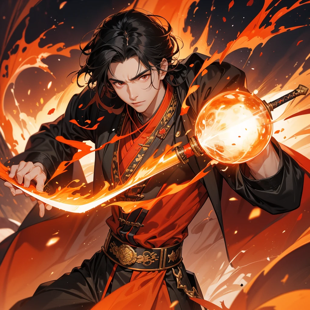 Handsome black-haired male general holding a large sword in ancient Chinese costume, Surrounded by a volcano erupting, red and orange, surrounded by volcanic rocks, sunset, close up.