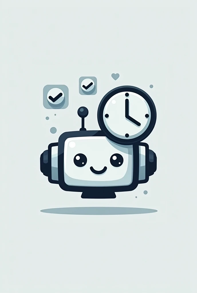 vector image, logo, monochrome, head of a friendly robot, square with rounded edges, with a checkmark, with a clock icon, feeling of dynamism, productivity and efficiency