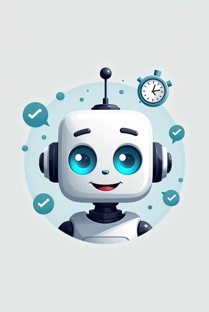 vector image, logo, monochrome, head of a friendly robot, square with rounded edges, with a checkmark, with a clock icon, feeling of dynamism, productivity and efficiency