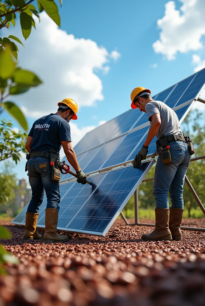 for the day of Peruvian coffee , 
workers of the company inelectri sac, with helmet, with black and light blue shirt, Boots ,Tools and lots of coffee at a solar panel installation
