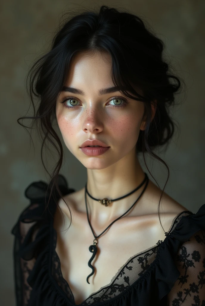 This image shows a portrait of a young woman with delicate features and a serene expression.. He has black hair, slightly wavy and loose, with some strands falling around her face. His skin is clear, with subtle freckles on the cheeks, and his eyes are a clear and penetrating shade of grey. She is dressed in a black blouse , probably lace, which gives it an elegant and antique touch. She wears a necklace with a snake-shaped pendant., and another finer one, *artistic or conceptual portrait.*
