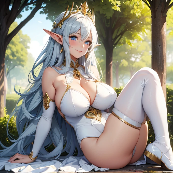 (absurdres, best high quality image, carefuly detailed features and textures, very detailed image) character back view: Elf queen 1.000 years old mature adult milf, beautiful face, sexy feminine and sexy features, beautiful light blue eyes, voluptuous body, big breasts, huge butt, beautiful legs, golden long hair, golden eyebrows, (white one-piece leotard, white knee pads, white middle finger sleeves, white elbow pads, white runing shoes, cleavage), sitting on the floor, in the park under the sun of the morning, smiling and enjoying the moment