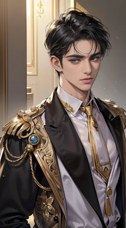 (best quality, masterpiece, 8 thousand, realistic, cinematic lighting, 1:4 HDR images, very detailed, beautiful photoature man, very handsome, ((cold expression)), black short hair, black eye, A perfect face without any mistakes, ((Buttoning clothes, chief executive)), (detail gold accessories on clothes)