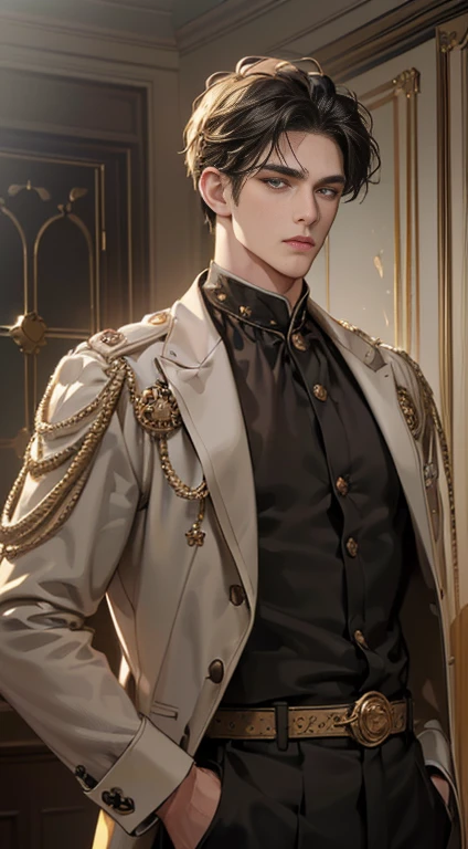 (best quality, masterpiece, 8 thousand, realistic, cinematic lighting, 1:4 HDR images, very detailed, beautiful photoature man, very handsome, ((cold expression)), black short hair, black eye, A perfect face without any mistakes, ((Buttoning clothes, chief executive)), (detail gold accessories on clothes)