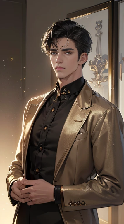 (best quality, masterpiece, 8 thousand, realistic, cinematic lighting, 1:4 HDR images, very detailed, beautiful photoature man, very handsome, ((cold expression)), black short hair, black eye, A perfect face without any mistakes, ((Buttoning clothes, chief executive)), (detail gold accessories on clothes)