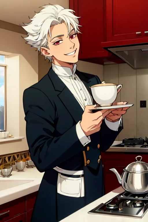 Perfect face. Perfect hands. A young white haired man with red eyes in a butler uniform is making tea while smiling in a fancy kitchen