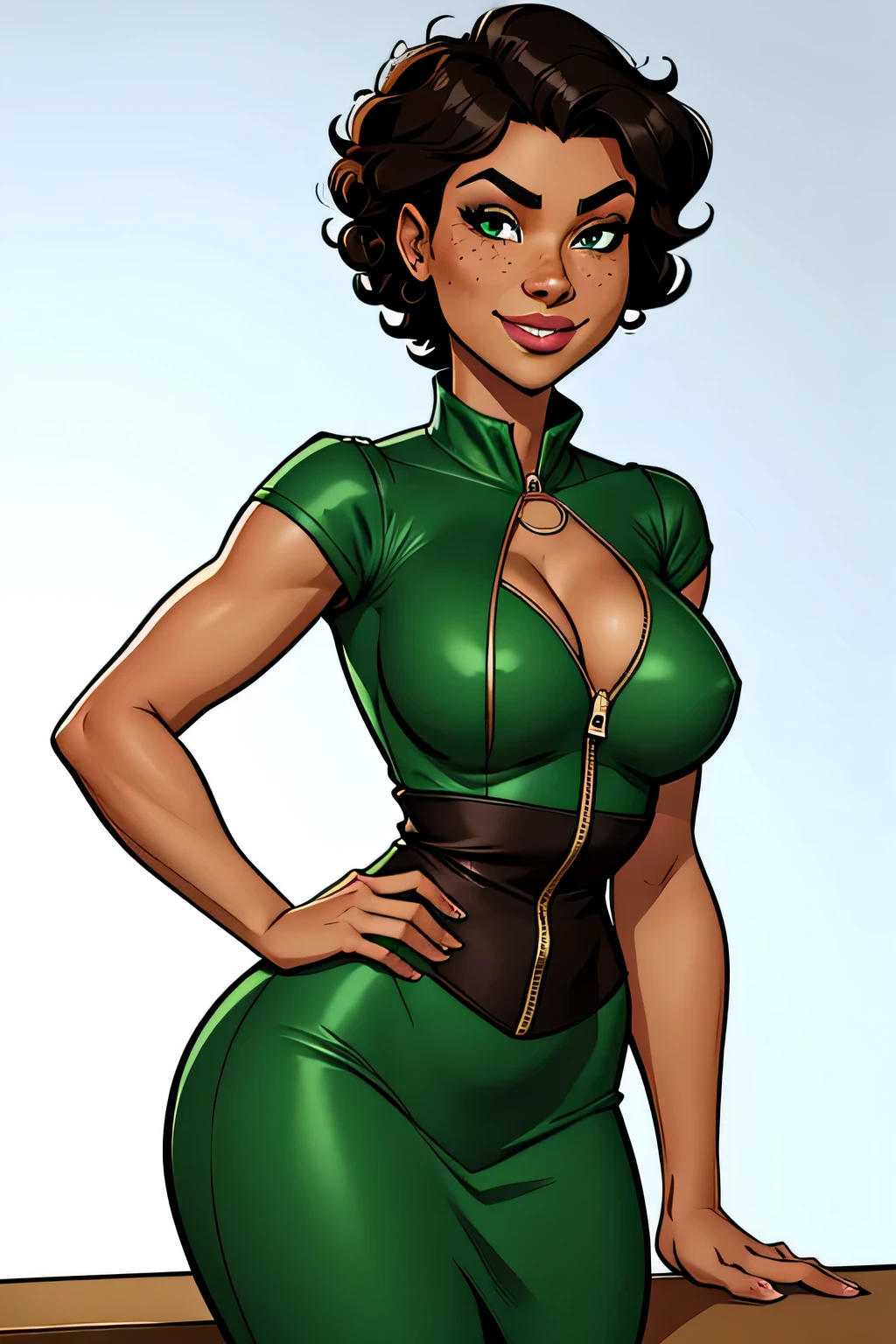 Thin woman, age 25, 4K (High definition), beautiful smiling, seducing gaze, eyes browns, wearing a fluorescent green dress (com zipper lateral) and short sleeves, arms crossed with hands on hips, brown skin, Bblack hair (curly to the shoulders), upper body (with a table in front of you), full of curves with freckles on her chest and neck, round breasts. High-quality Marvel style, white background.