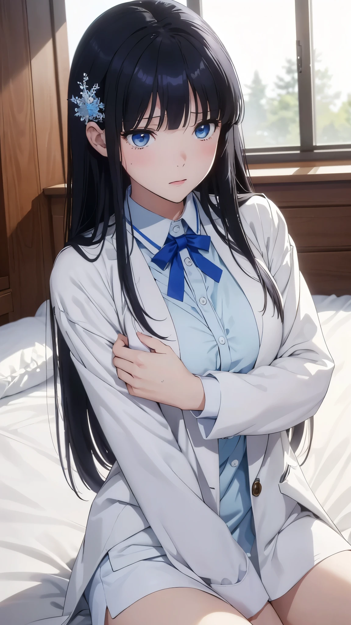 Anime girl in a white shirt and blue tie sitting on a bed - SeaArt AI