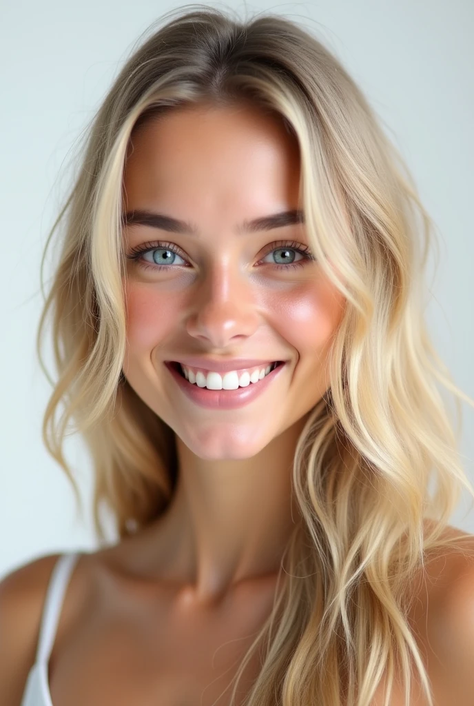 Belle fille de 20 ans, realistic, long hair, blond clair, blue eye, souriante, dent blanche, smooth hair, très realistic, cheveux très très plat, photo identité, sur fond png, mega realiste