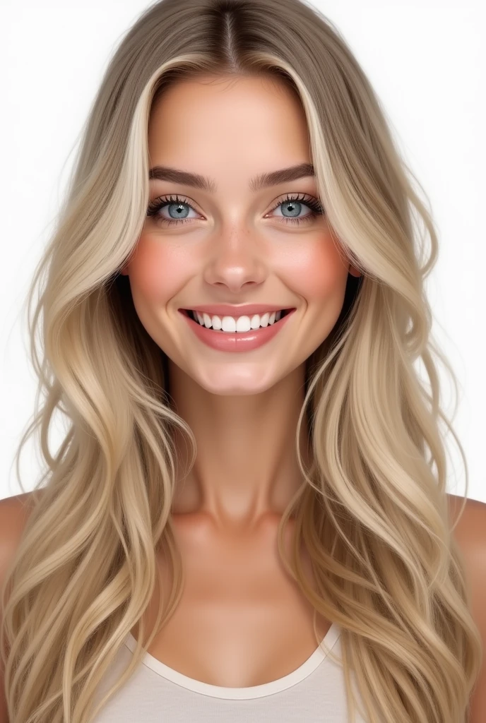 Belle fille de 20 ans, realistic, long hair, blond clair, blue eye, souriante, dent blanche, smooth hair, très realistic, cheveux très très plat, photo identité, sur fond png, mega realiste