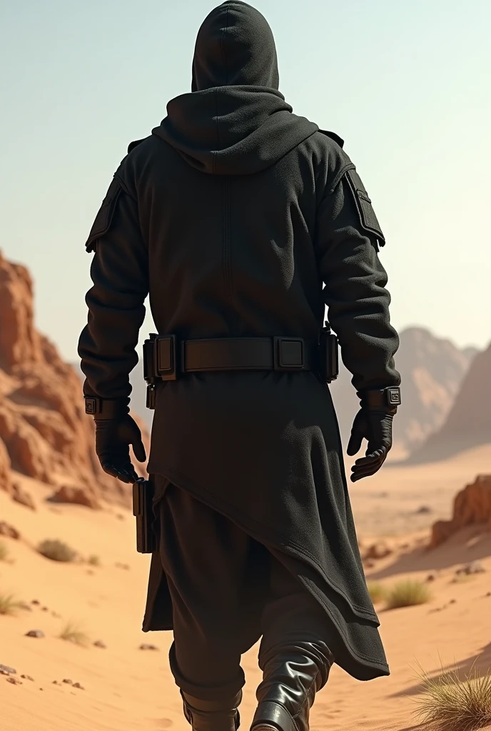 man 1.80 tall working in a desert as a security guard with black tactical clothing that comes out from behind with a rough texture so that his face is not visible, only his back