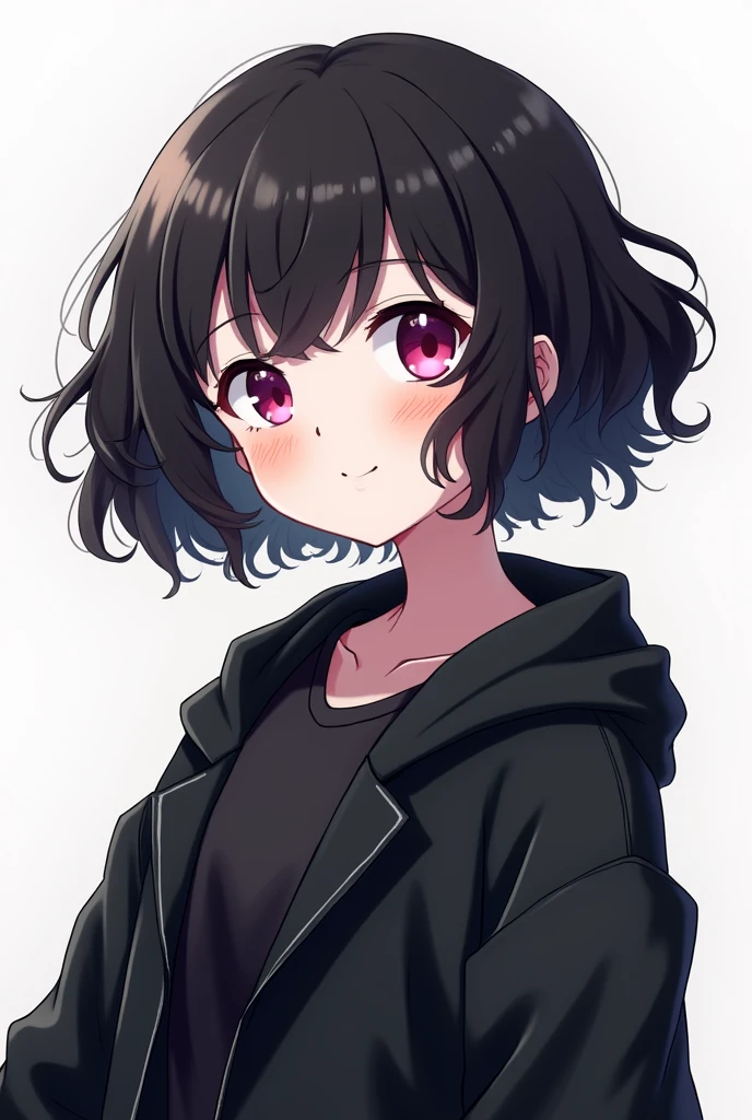 Short curly hair girl, pink eyes, White skin, black hair, black long-necked jacket that covers it completely, strong that she seems carefree, black hair and the drawing style is anime that she doesn't have bangs, lets her forehead be seen and gives detail to the eyes. THAT SHE DOESN'T HAVE BANGS
