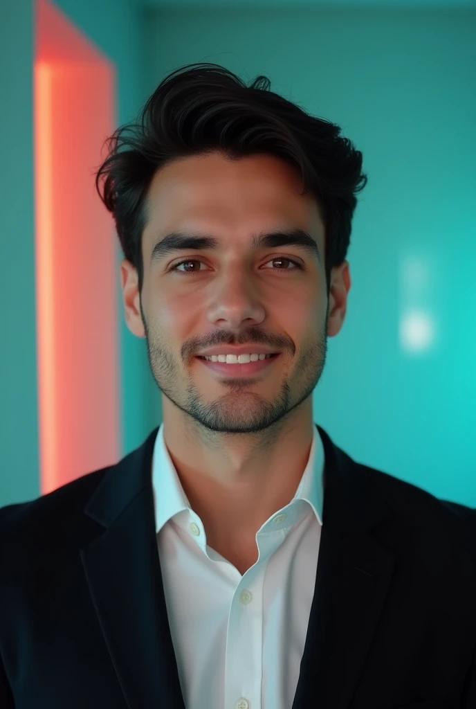 A young Man With Dark hair and a confident smile He is Dressed in a black blazer over a white shirt The man is positioned against aqua colour backdrop with a subtle red lighting on the left side and he posing for Linkedin profile