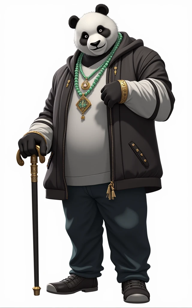 (masterpiece, top quality, best quality, official art,beautiful and aesthetic:1.2),(4k,8k, best quality,masterpiece:1.2),(((white background))), solo,Game character, a panda person, a game character inspired by pandas, wearing a black and white robe, adorned with a jade bead necklace and bracelet, holding a cane. The structure is clear and accurate, with a modern realistic representation and consistent lighting that looks natural and believable.