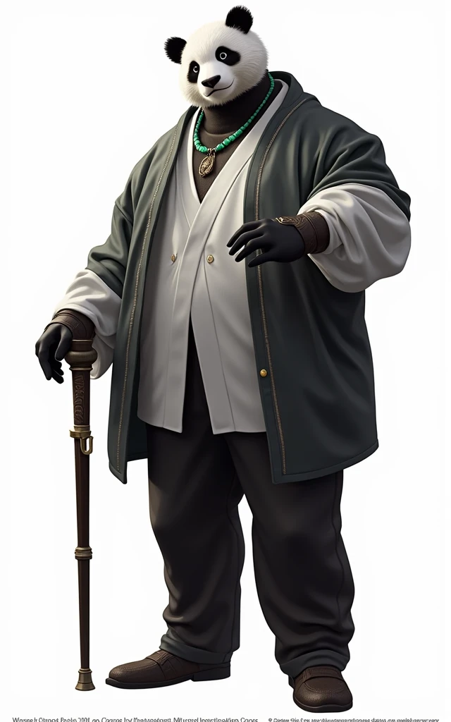 (masterpiece, top quality, best quality, official art,beautiful and aesthetic:1.2),(4k,8k, best quality,masterpiece:1.2),(((white background))), solo,Game character, a panda person, a game character inspired by pandas, wearing a black and white robe, adorned with a jade bead necklace and bracelet, holding a cane. The structure is clear and accurate, with a modern realistic representation and consistent lighting that looks natural and believable.