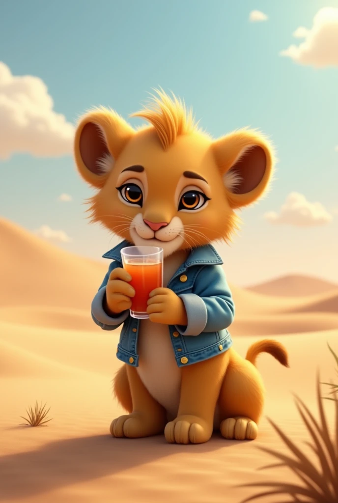 In the desert,A little lion in a denim jacket drinking a drink