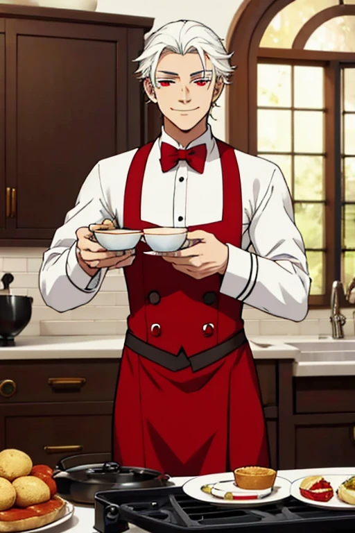 Perfect face. Perfect hands. A young white haired man with red eyes in a butler uniform is making tea while smiling in a fancy kitchen
