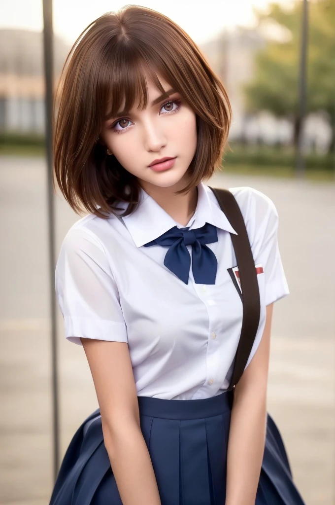 photo, (school uniform:1.4), (schoolyard:1.2), a photorealistic portrait of a stunningly beautiful woman with detailed make-up, extremely detailed eyes, detailed symmetric realistic face, extremely detailed natural texture, messy hair, masterpiece, extremely detailed, (school uniform:1.3), (schoolyard:1.5), amazing, fine detail, rich colors, hyper realistic lifelike texture, dramatic lighting, trending on artstation, looking at the viewer, photo realistic, RAW photo, brown hair, (short hair:1.3), high quality, sharp focus, extremely detailed, cinematic lighting, 8k uhd, ab, Best quality, masterpiece, ultra high res, (photorealistic:1.4), 1girl, shiny skin, Best quality, masterpiece, ultra high res, (photorealistic:1.4), 1girl, deep shadow, shiny skin, Gorgeous 22-year-old woman resembling Bella Thorne, short bangs, soft pale skin, 