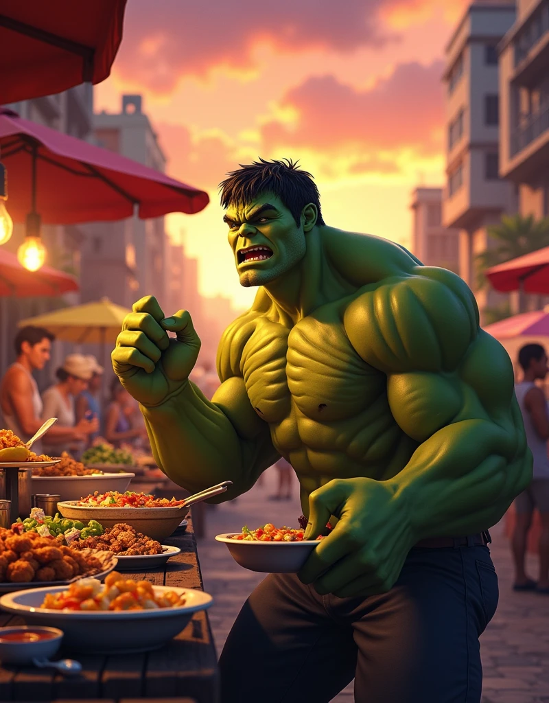 Nice and friendly Dr. Hulk have meals at street food market place at late afternoon with beautiful sunset