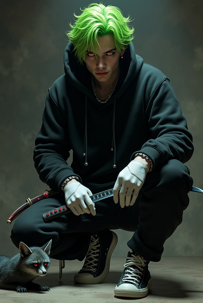 Man with green hair and yellow tips and red eyes with a katana, with a black hooded sweatshirt and soft black pants with white gloves, dark skin tone, but of course, with a psychopathic look, with black and white tennis shoes and 2 small knives, with a fox, with red earrings, 