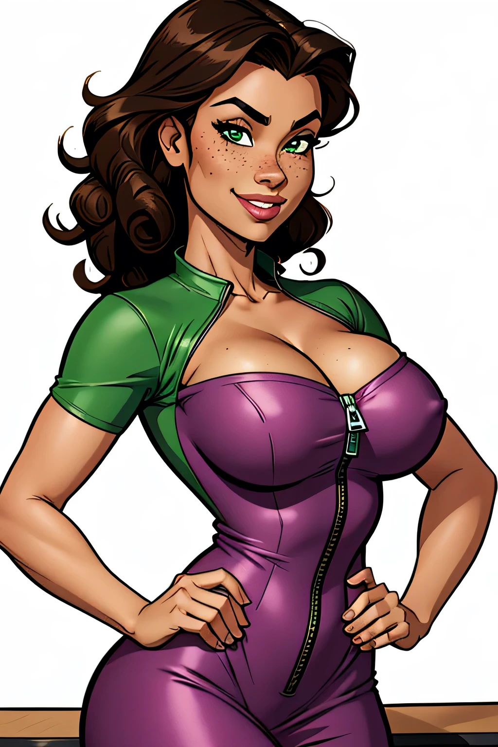 Thin woman, age 25, 4K (High definition), beautiful smiling, seducing gaze, eyes browns, wearing a fluorescent green dress (com zipper lateral) and short sleeves, arms crossed with hands on hips, brown skin, Bblack hair (curly to the shoulders), upper body (with a table in front of you), full of curves with freckles on her chest and neck, round breasts. High-quality Marvel style, white background.