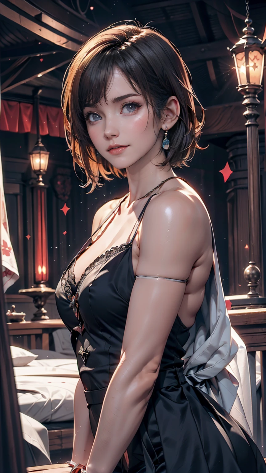 masterpiece, Highest quality, High resolution, One person, alone, Anastasia (Idol Master), Idol Master cinderella girls, blue eyes, short hair, Grey Hair, Black Dress, Cowboy Shot, , Mouth closed, upper_body,