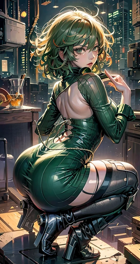 A woman in a green dress sitting on a ledge, Tatsumaki de One Punch Man, Beautiful anime girl squatting, Fubuki, Thicc, She is wearing a dark green dress, Tatsumaki, peeping from behind, back posture, Full growth from behind, Growing from behind, seductive anime girl, Anime woman
