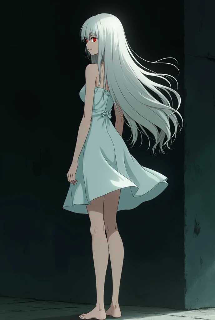 The image is in the style of a Ghibli studio anime., although somewhat gloomy and adult, It features a 20-year-old albino adult woman.. She is standing in front of a black wall, you see him from behind, She has long hair and red eyes. Shown with a smile. She has a white dress that reaches her knees.. strong thighs.