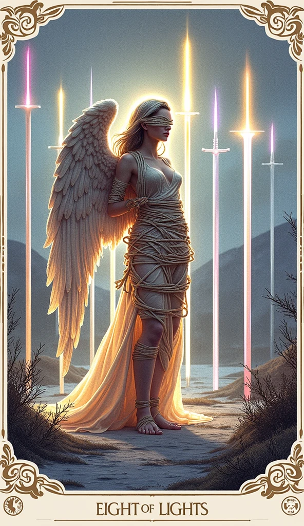 Create a hyper-realistic, stunning image for the "Eight of Lights" card in the Lumen Angelis deck, inspired by the traditional Eight of Swords from the Rider-Waite tarot but transformed into an ethereal and celestial scene that captures the spiritual depth and emotional intensity of the card.
The central figure is a celestial being, an angel of profound beauty and grace, standing on a barren, mist-covered landscape. The angel is bound, not by ropes, but by bands of pure, radiant light that glow with an otherworldly luminescence. These bands wrap around the angel's body and wings, holding them tightly in place, symbolizing a state of spiritual or mental confinement. The light bands are intricately detailed, with faint inscriptions of celestial script that pulse gently, as if alive, indicating that these are not just physical restraints but manifestations of inner fears and doubts.
The angel's eyes are covered with a delicate veil of light, obscuring their vision, yet it shimmers with a soft, iridescent glow, hinting at the possibility of enlightenment and clarity if they choose to remove it. The angel's expression is one of serene resignation, with a slight furrow in their brow, suggesting inner turmoil and the struggle to find a way out of their predicament. Their wings, though bound, are majestic, with feathers that glisten like silver in the dim light, showing their true potential despite the current state of restriction.
Surrounding the angel are eight towering beams of light, each one piercing the ground like a sword. These beams are sharp and radiant, forming a semi-circle around the angel, creating a sense of entrapment. Each beam of light is unique, with slight variations in color and intensity, representing different aspects of the challenges or thoughts that confine the angel. The light beams are so brilliantly detailed that they appear almost tangible, casting long shadows on the misty ground below, which ripple and shift as if alive, adding to the sens