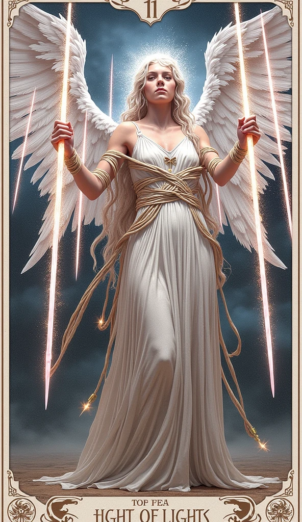 Create a hyper-realistic, stunning image for the "Eight of Lights" card in the Lumen Angelis deck, inspired by the traditional Eight of Swords from the Rider-Waite tarot but transformed into an ethereal and celestial scene that captures the spiritual depth and emotional intensity of the card.

The central figure is a celestial being, an angel of profound beauty and grace, standing on a barren, mist-covered landscape. The angel is bound, not by ropes, but by bands of pure, radiant light that glow with an otherworldly luminescence. These bands wrap around the angel's body and wings, holding them tightly in place, symbolizing a state of spiritual or mental confinement. The light bands are intricately detailed, with faint inscriptions of celestial script that pulse gently, as if alive, indicating that these are not just physical restraints but manifestations of inner fears and doubts.

The angel's eyes are covered with a delicate veil of light, obscuring their vision, yet it shimmers with a soft, iridescent glow, hinting at the possibility of enlightenment and clarity if they choose to remove it. The angel's expression is one of serene resignation, with a slight furrow in their brow, suggesting inner turmoil and the struggle to find a way out of their predicament. Their wings, though bound, are majestic, with feathers that glisten like silver in the dim light, showing their true potential despite the current state of restriction.

Surrounding the angel are eight towering beams of light, each one piercing the ground like a sword. These beams are sharp and radiant, forming a semi-circle around the angel, creating a sense of entrapment. Each beam of light is unique, with slight variations in color and intensity, representing different aspects of the challenges or thoughts that confine the angel. The light beams are so brilliantly detailed that they appear almost tangible, casting long shadows on the misty ground below, which ripple and shift as if alive, adding to the sens