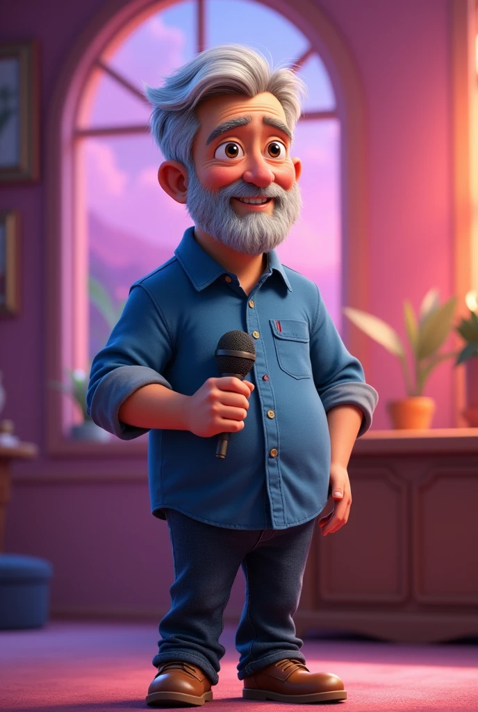 A male character of approximately 30 years old, with very short, upturned gray hair and a gray beard, very short and well cared for. Your skin is white, and he has expressive eyes that convey a mixture of wisdom and warmth. His face has soft and friendly features, with expression lines that suggest both frequent smiles and a lifetime of experiences. He is of average height and has a slim physique., weighing about 60 kg. Wears a casual blue button-down shirt , paired with comfortable dark jeans. On the feet, wears simple brown shoes, that complement your relaxed look. The character is holding a microphone, PNG background All in the vibrant, animated style characteristic of Disney Pixar films, with bright colors and soft shapes.