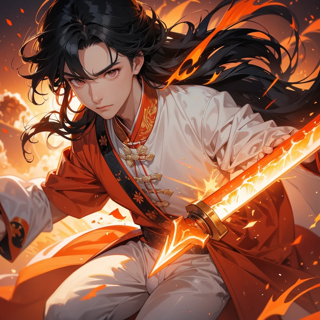 Handsome black-haired male general holding a large sword in white ancient Chinese costume, Surrounded by a volcano erupting, red and orange, surrounded by volcanic rocks, sunset, close up.