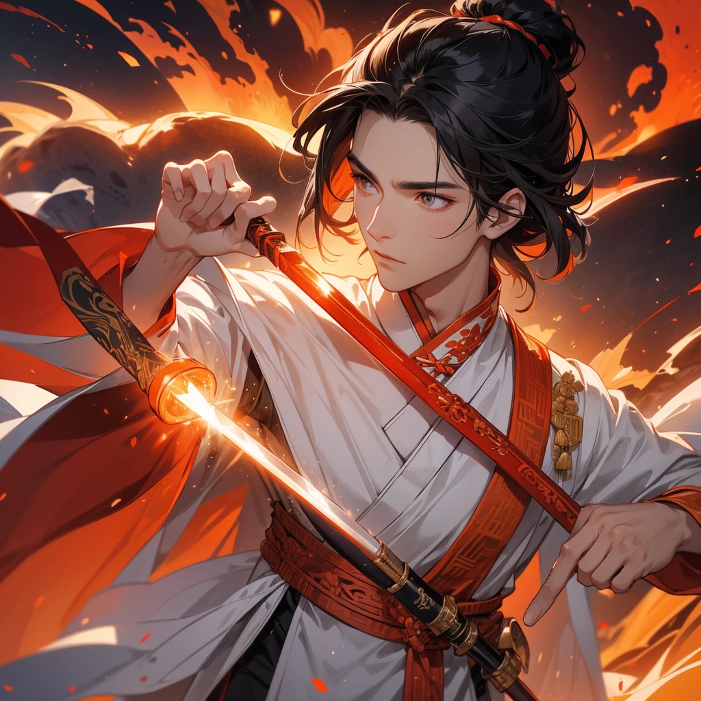 Handsome black-haired male general holding a large sword in white ancient Chinese costume, Surrounded by a volcano erupting, red and orange, surrounded by volcanic rocks, sunset, close up.
