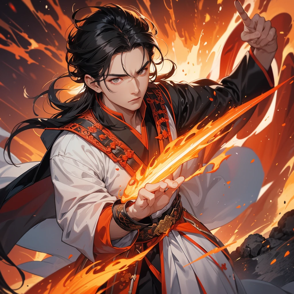 Handsome black-haired male general holding a large sword in white ancient Chinese costume, Surrounded by a volcano erupting, red and orange, surrounded by volcanic rocks, sunset, close up.
