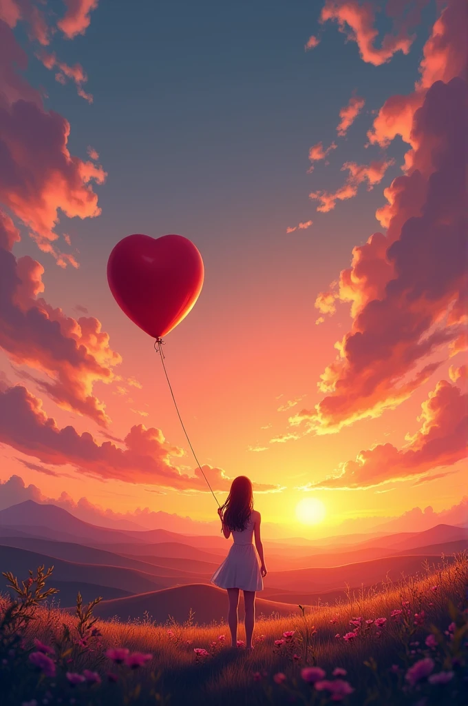 A back view of a sunset with a balloon in her hand 