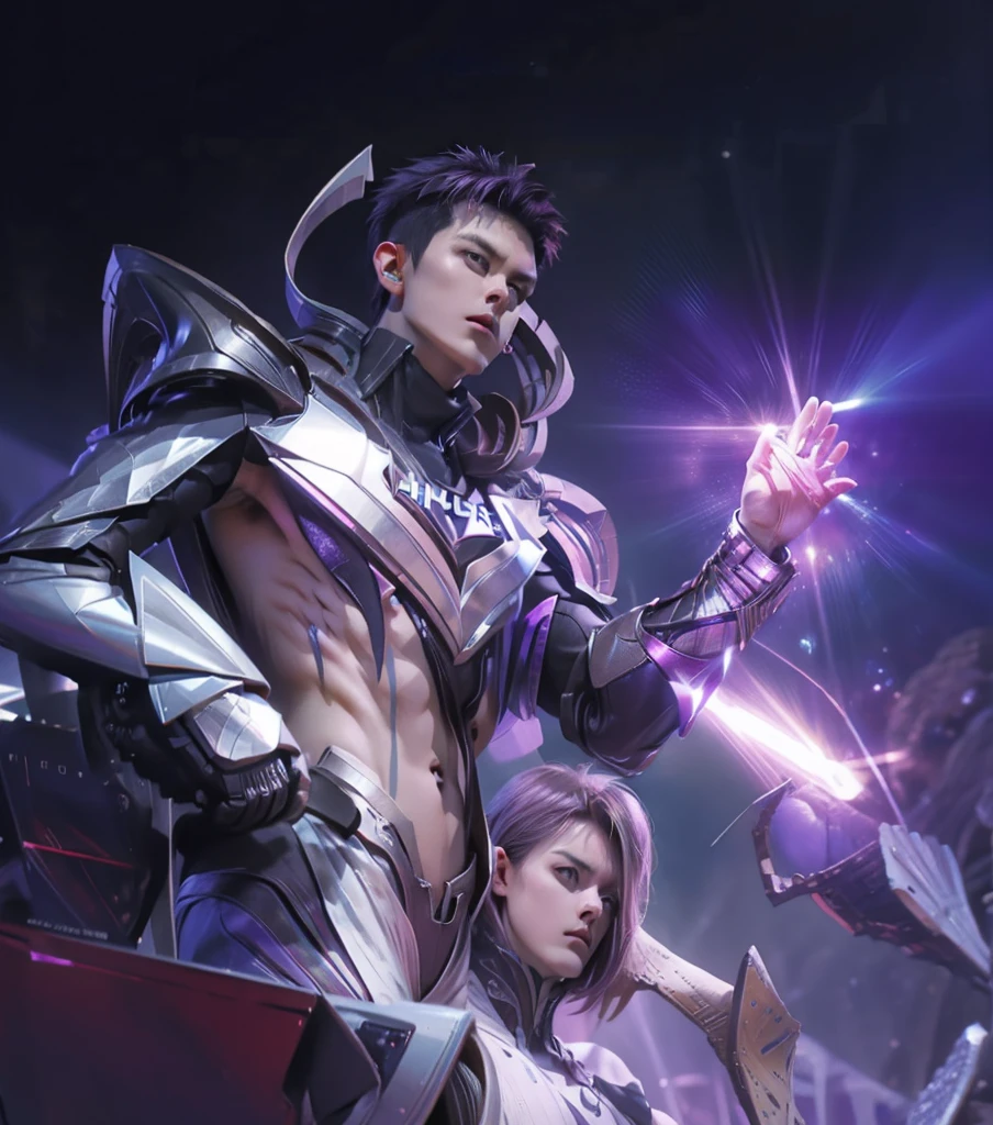 maximum resolution: 1.2), (Ultra HDTV: 1.2), 8K resolution, Eye and skin details, face details, , (Sharp focus: 1, 2), (Precise focus) facial expressions: 1,2), Standing boy, Short hair, Purple hair, (Naked), Natural skin, No hair, Perfect muscles, 6 pack, Sweat on stomach and chest