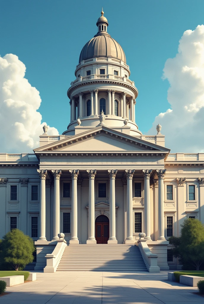 The courthouse would maintain a classical, symmetrical form, with a central structure flanked by two balanced wings, resembling the scales of justice. The symmetry would symbolize the impartiality and balance of justice.